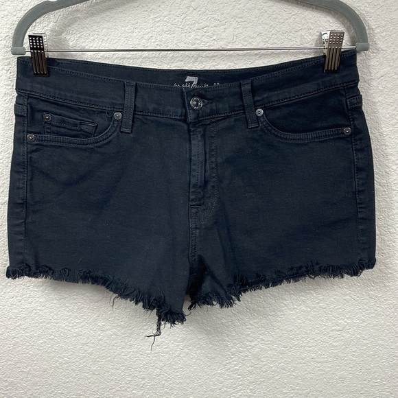 7 For All Mankind Mid Rise Raw Frayed Hem Cut Off Mini Shorts Black Sz 28 - Picture 2 of 12
